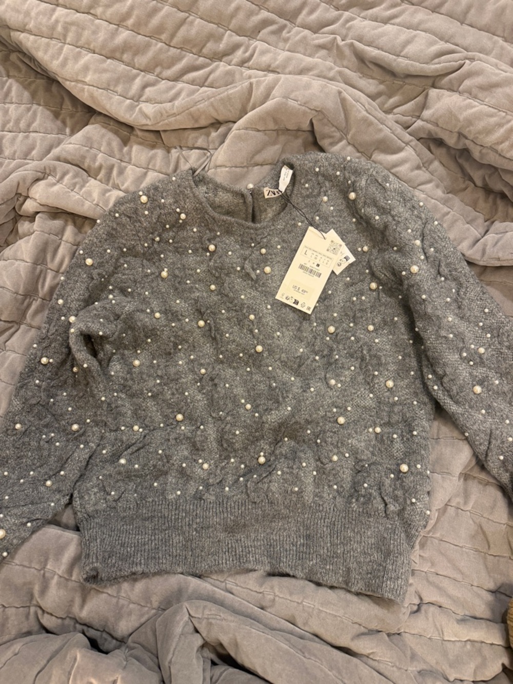Zara Gray Pearl-Studded Crewneck Sweater